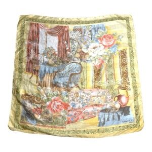 Vintage Gerard Le Roy Scarf Yellow France Tea Scenic Art Multicolor Gérard L.Y